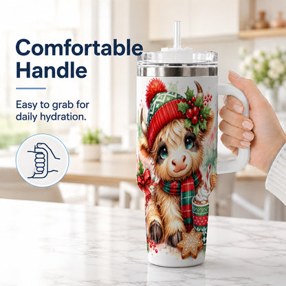 #pl[40oz|White] Cute Christmas Cow 40oz Tumbler with Handle, Cozy Holiday Travel Cup