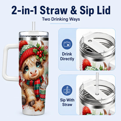 #pl[40oz|White] Cute Christmas Cow 40oz Tumbler with Handle, Cozy Holiday Travel Cup