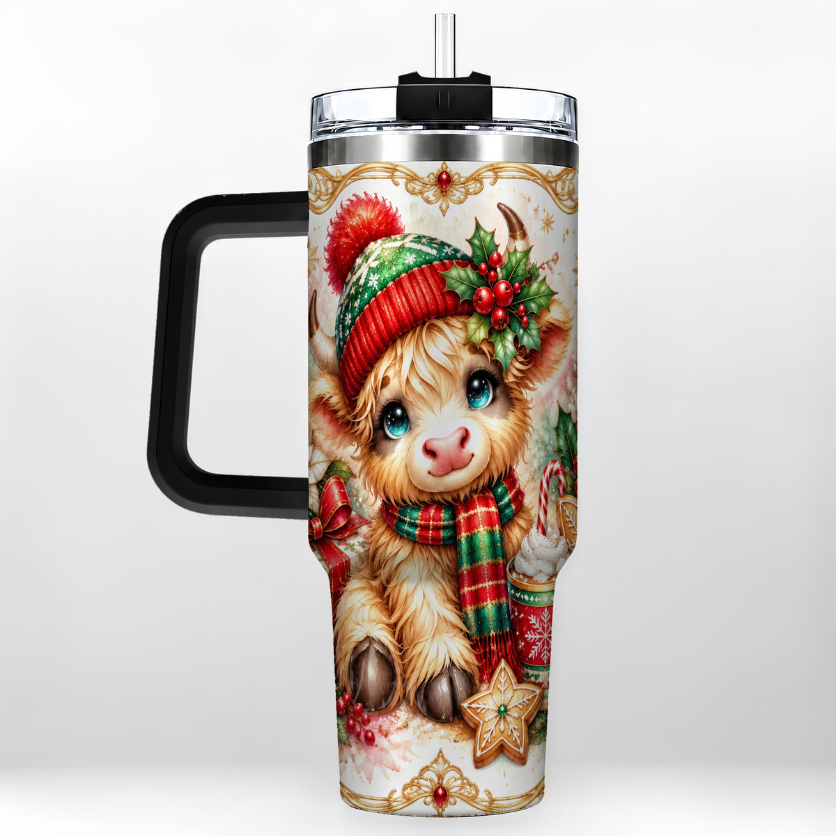 #pl[40oz|Black] Ornate Highland Cow 40oz Tumbler with Handle, Christmas Travel Cup