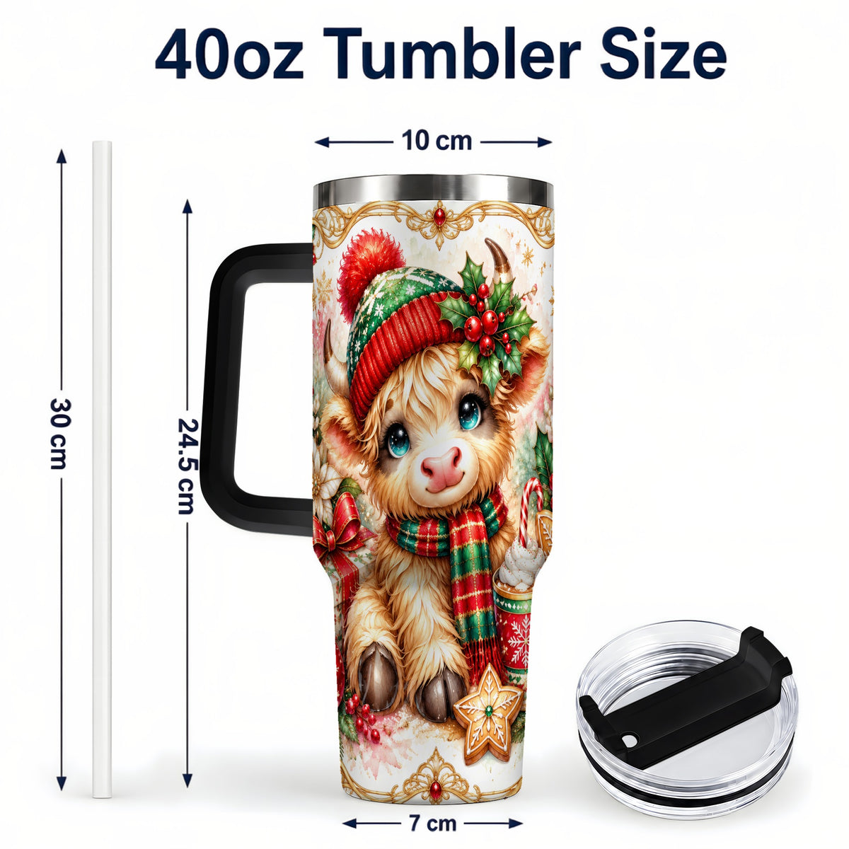 #pl[40oz|Black] Ornate Highland Cow 40oz Tumbler with Handle, Christmas Travel Cup