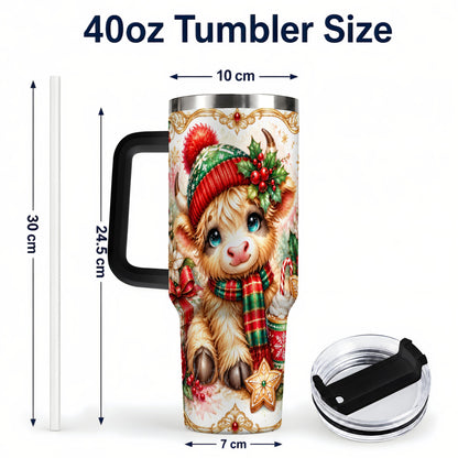 #pl[40oz|Black] Ornate Highland Cow 40oz Tumbler with Handle, Christmas Travel Cup