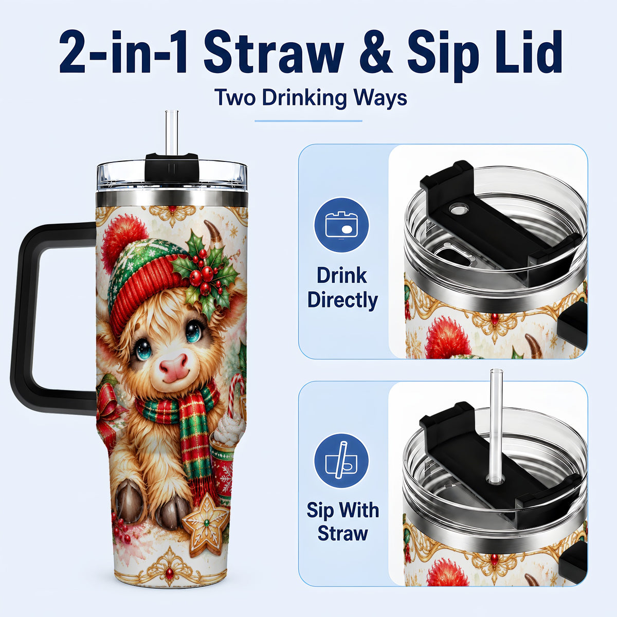 #pl[40oz|Black] Ornate Highland Cow 40oz Tumbler with Handle, Christmas Travel Cup