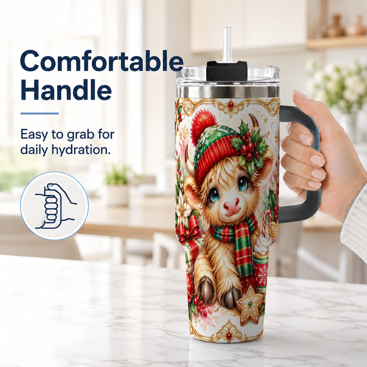 #pl[40oz|Black] Ornate Highland Cow 40oz Tumbler with Handle, Christmas Travel Cup