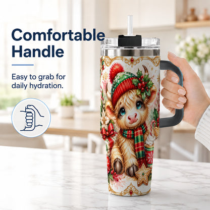 #pl[40oz|Black] Ornate Highland Cow 40oz Tumbler with Handle, Christmas Travel Cup