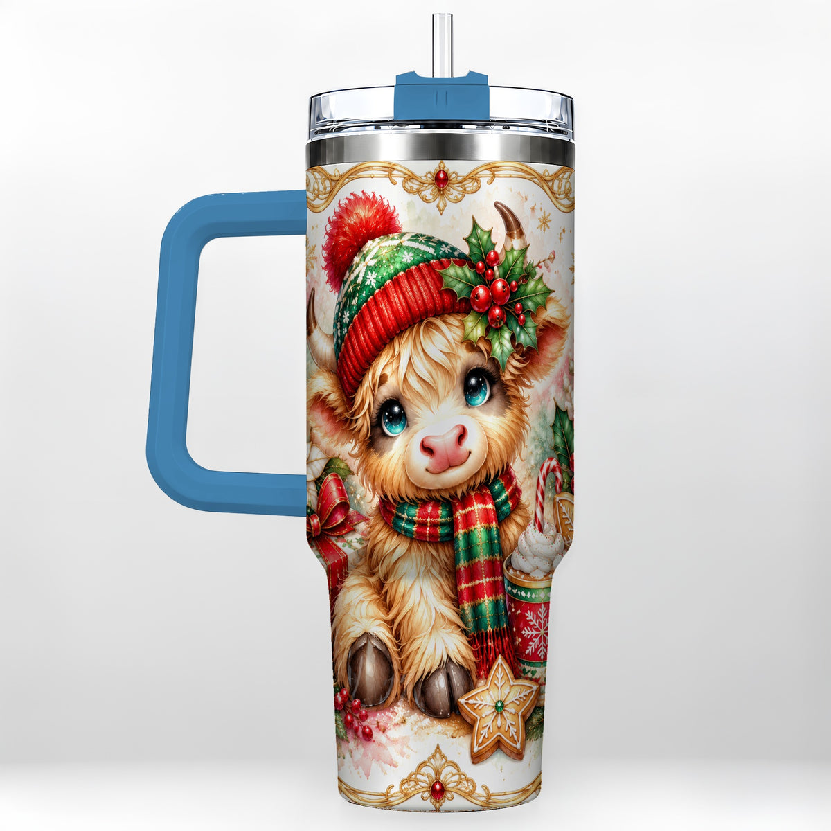 #pl[40oz|Blue] Ornate Highland Cow 40oz Tumbler with Handle, Christmas Travel Cup