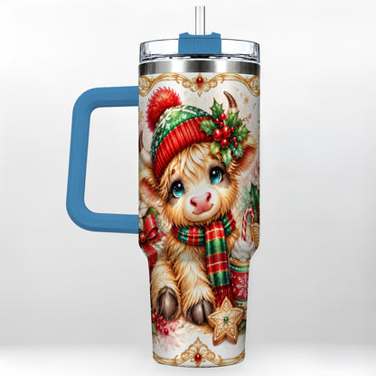 #pl[40oz|Blue] Ornate Highland Cow 40oz Tumbler with Handle, Christmas Travel Cup