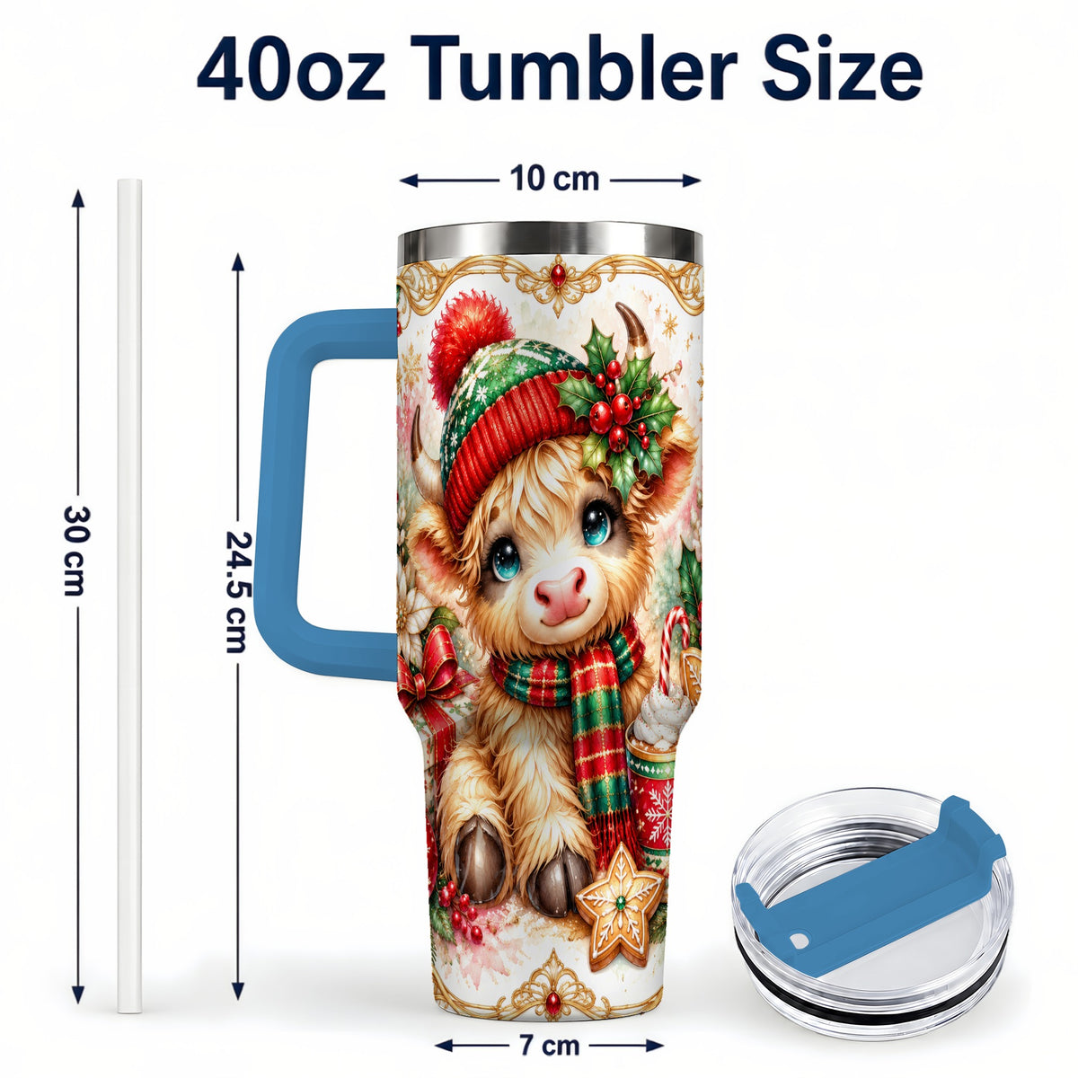 #pl[40oz|Blue] Ornate Highland Cow 40oz Tumbler with Handle, Christmas Travel Cup