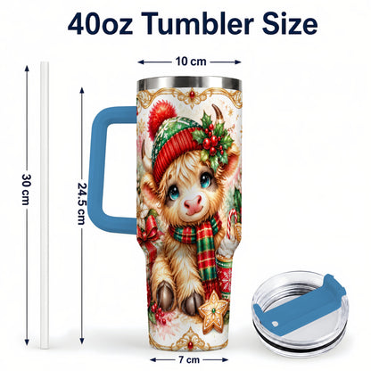 #pl[40oz|Blue] Ornate Highland Cow 40oz Tumbler with Handle, Christmas Travel Cup
