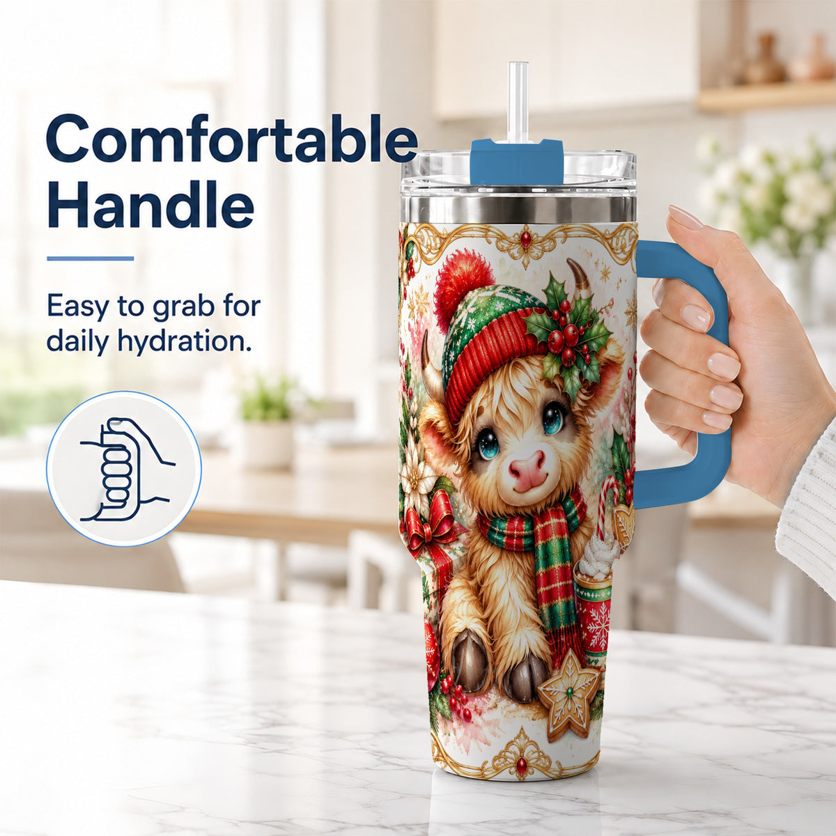 #pl[40oz|Blue] Ornate Highland Cow 40oz Tumbler with Handle, Christmas Travel Cup