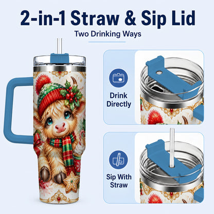 #pl[40oz|Blue] Ornate Highland Cow 40oz Tumbler with Handle, Christmas Travel Cup