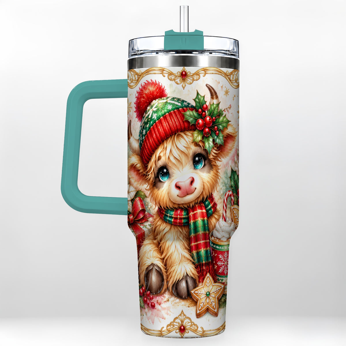 #pl[40oz|Green] Ornate Highland Cow 40oz Tumbler with Handle, Christmas Travel Cup