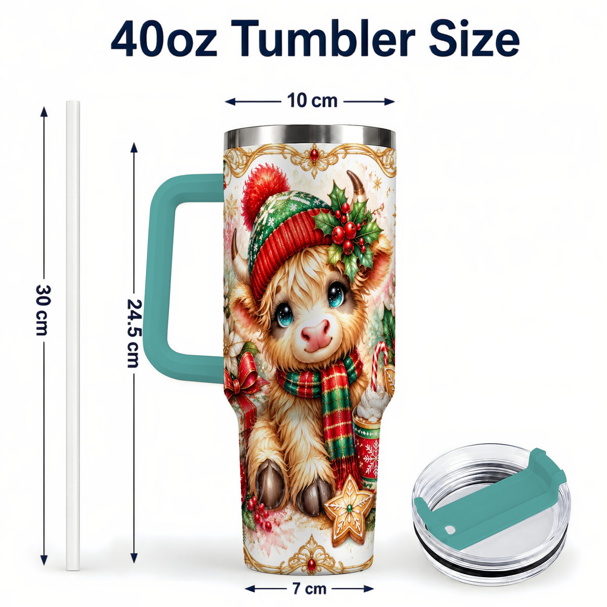 #pl[40oz|Green] Ornate Highland Cow 40oz Tumbler with Handle, Christmas Travel Cup