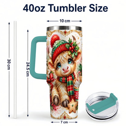 #pl[40oz|Green] Ornate Highland Cow 40oz Tumbler with Handle, Christmas Travel Cup