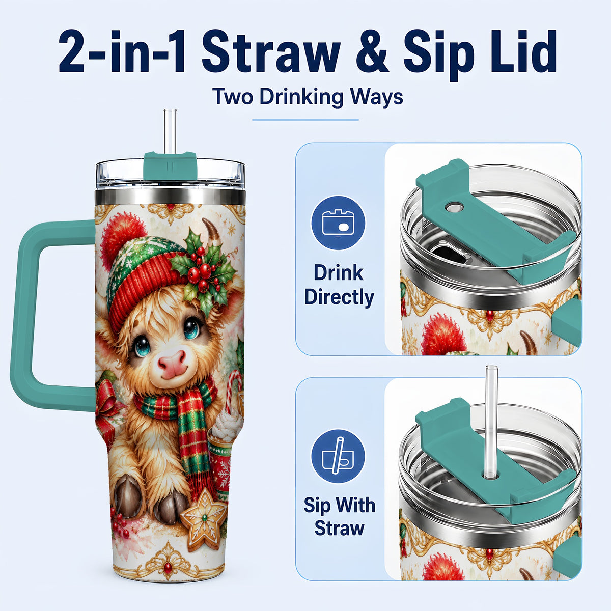#pl[40oz|Green] Ornate Highland Cow 40oz Tumbler with Handle, Christmas Travel Cup