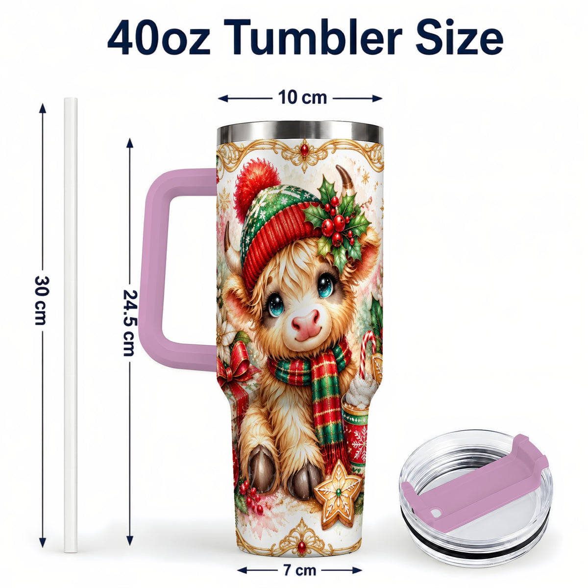 #pl[40oz|Pink] Ornate Highland Cow 40oz Tumbler with Handle, Christmas Travel Cup