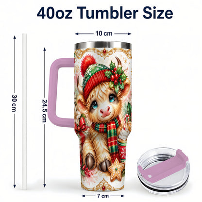 #pl[40oz|Pink] Ornate Highland Cow 40oz Tumbler with Handle, Christmas Travel Cup