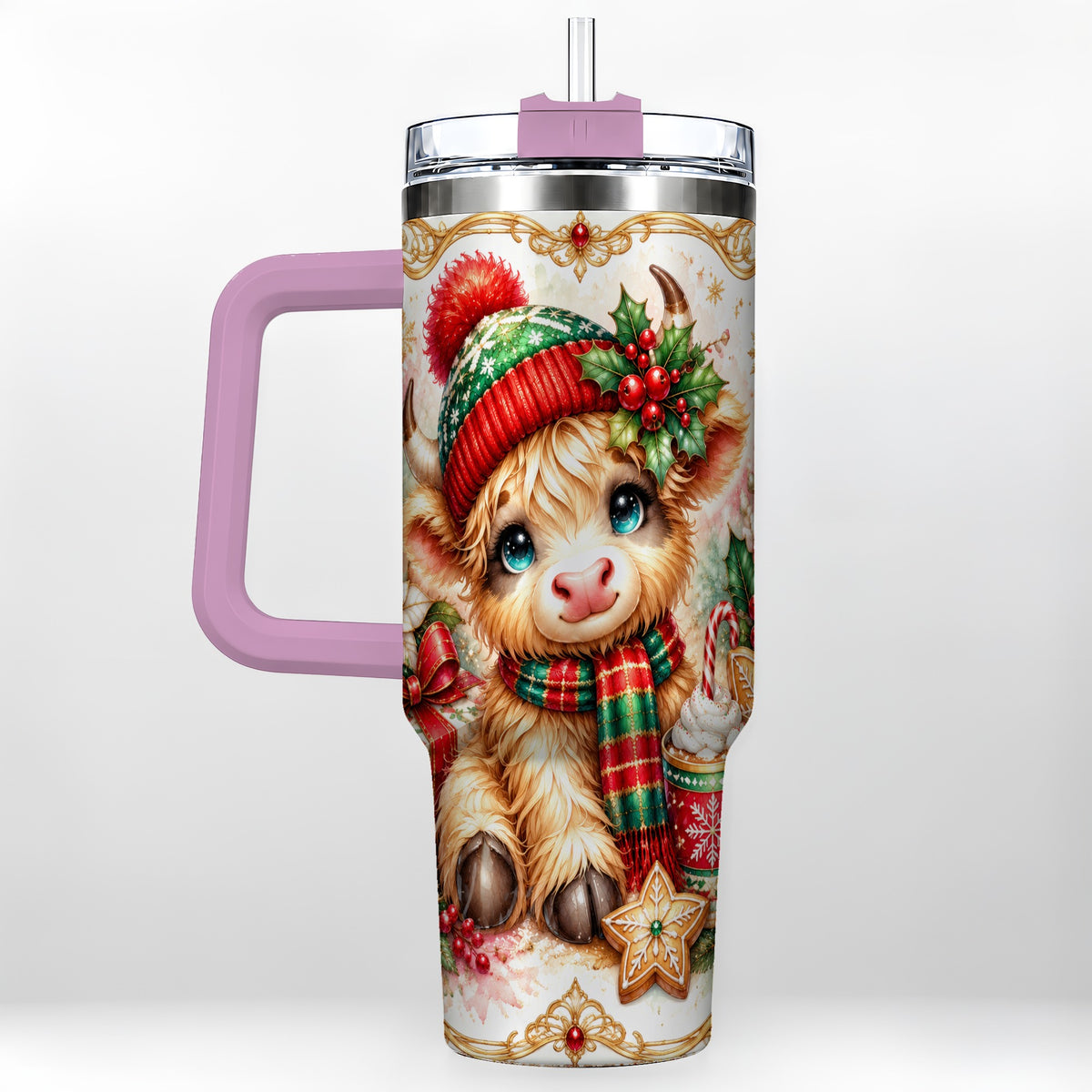 #pl[40oz|Pink] Ornate Highland Cow 40oz Tumbler with Handle, Christmas Travel Cup