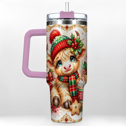 #pl[40oz|Pink] Ornate Highland Cow 40oz Tumbler with Handle, Christmas Travel Cup