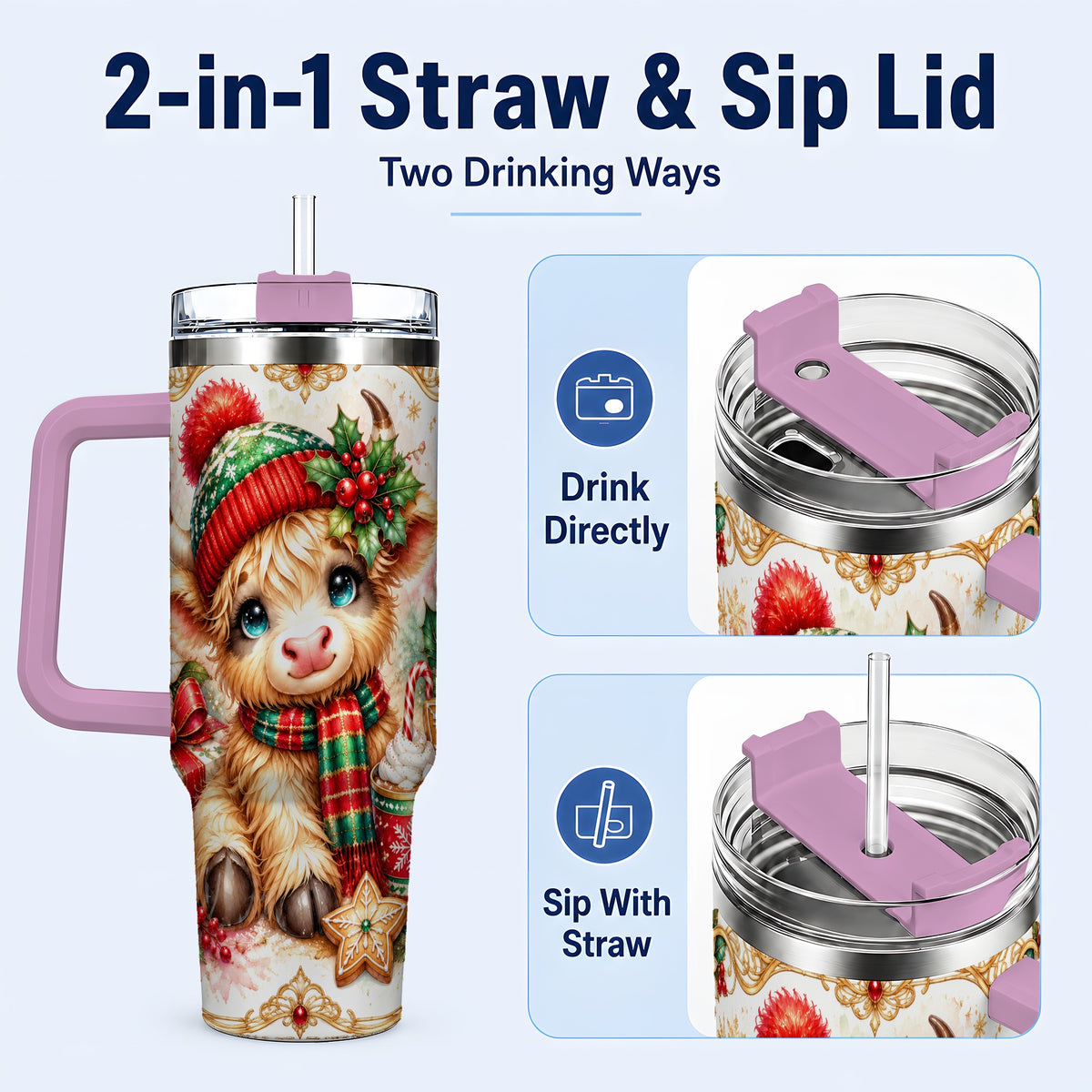 #pl[40oz|Pink] Ornate Highland Cow 40oz Tumbler with Handle, Christmas Travel Cup