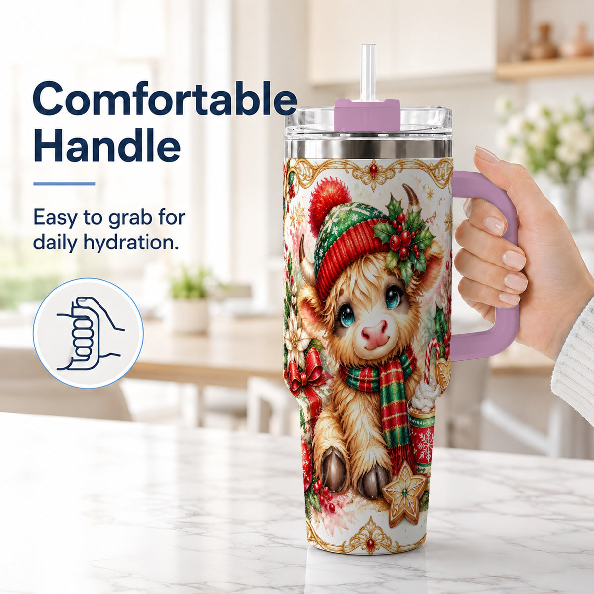 #pl[40oz|Pink] Ornate Highland Cow 40oz Tumbler with Handle, Christmas Travel Cup