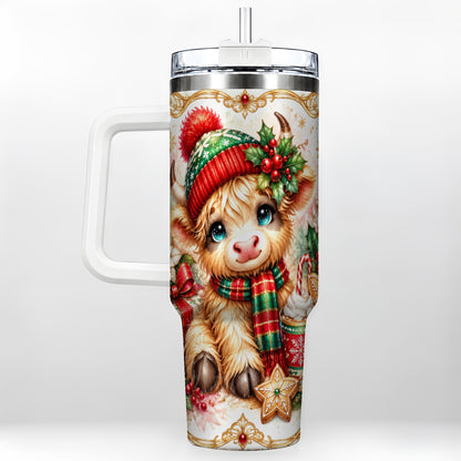 #pl[40oz|White] Ornate Highland Cow 40oz Tumbler with Handle, Christmas Travel Cup
