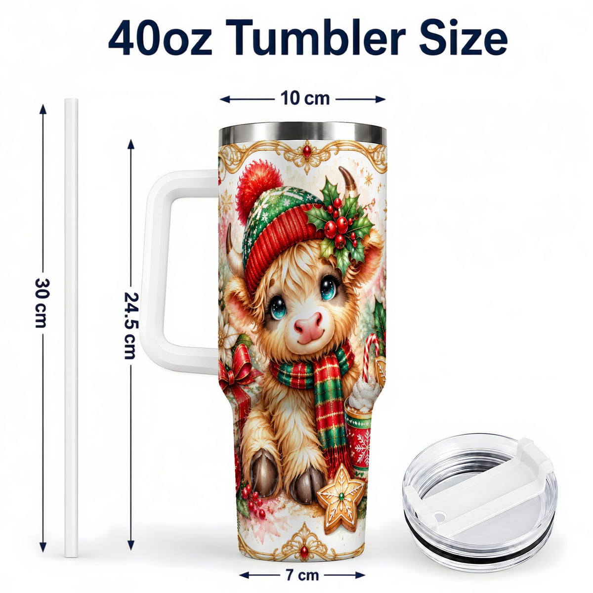 #pl[40oz|White] Ornate Highland Cow 40oz Tumbler with Handle, Christmas Travel Cup