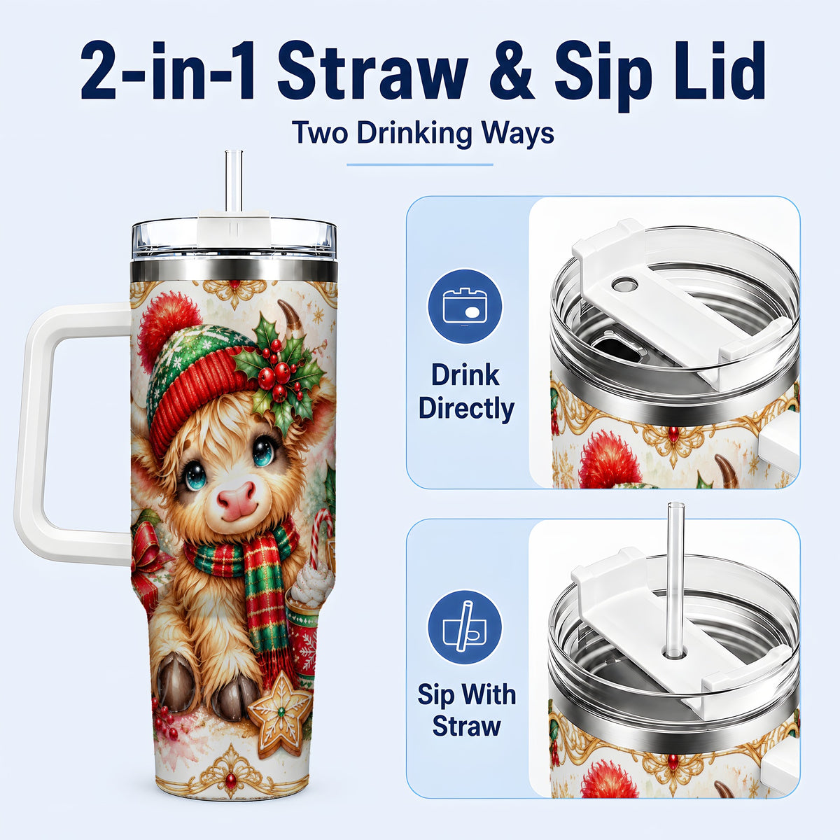 #pl[40oz|White] Ornate Highland Cow 40oz Tumbler with Handle, Christmas Travel Cup