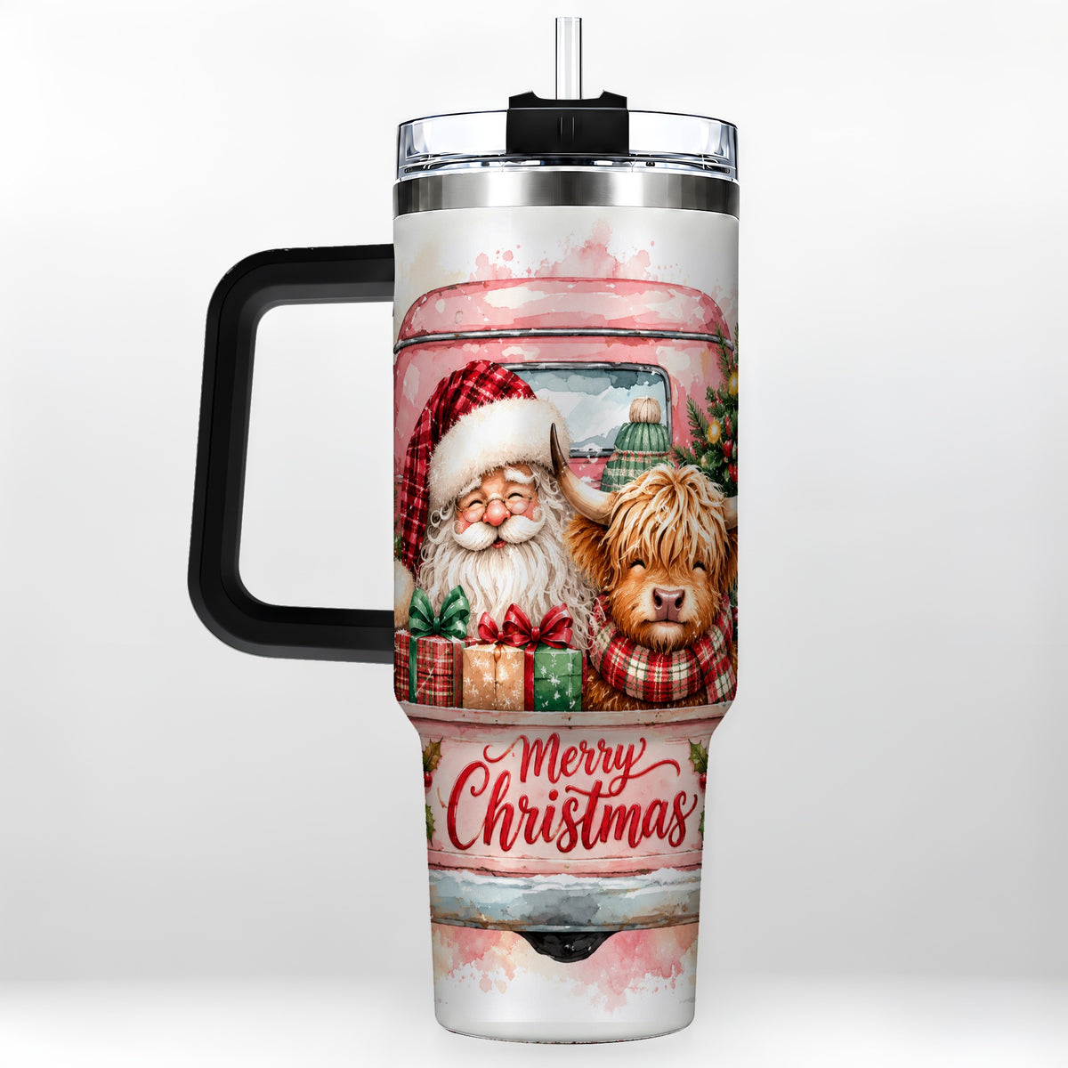#pl[40oz|Black] Christmas Cow Truck 40oz Tumbler with Handle, Holiday Travel Cup