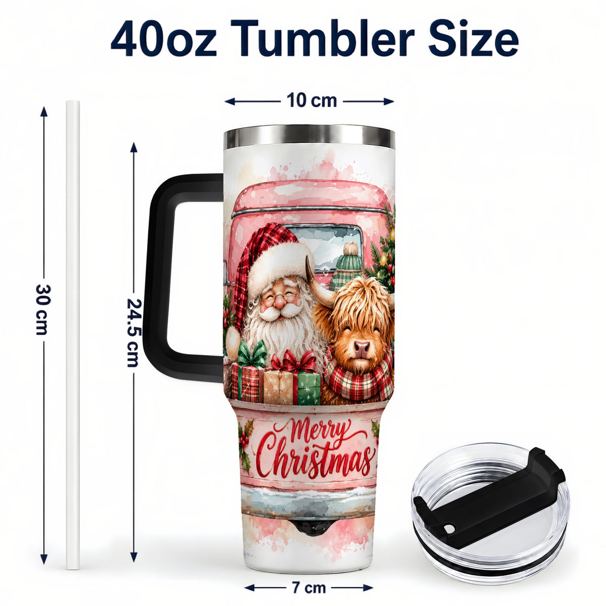 #pl[40oz|Black] Christmas Cow Truck 40oz Tumbler with Handle, Holiday Travel Cup