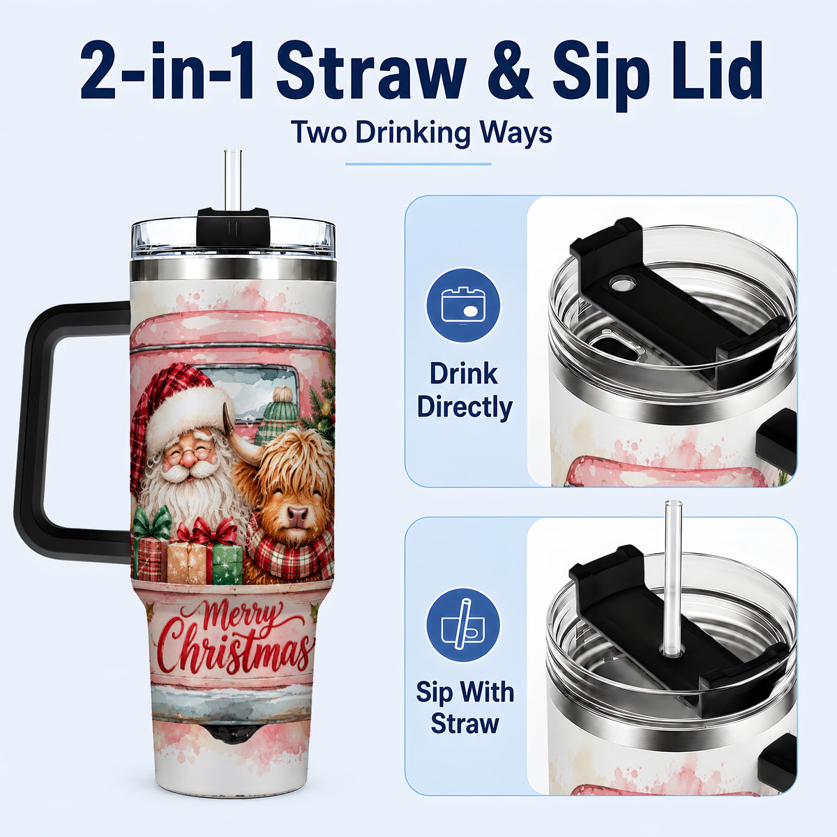 #pl[40oz|Black] Christmas Cow Truck 40oz Tumbler with Handle, Holiday Travel Cup
