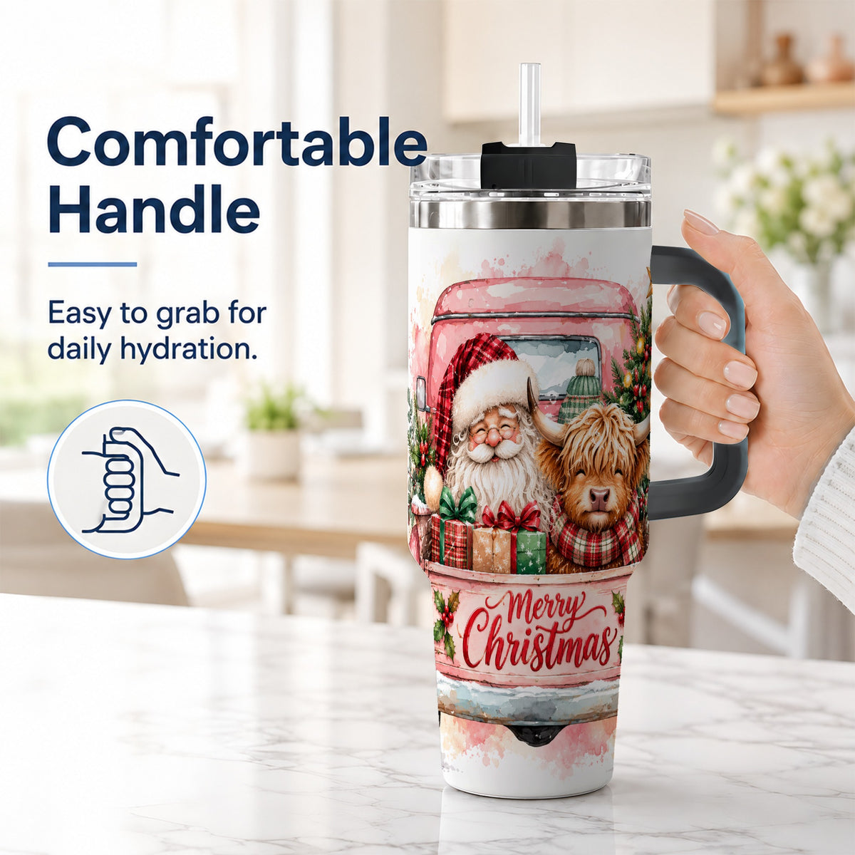 #pl[40oz|Black] Christmas Cow Truck 40oz Tumbler with Handle, Holiday Travel Cup