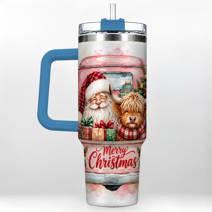 #pl[40oz|Blue] Christmas Cow Truck 40oz Tumbler with Handle, Holiday Travel Cup