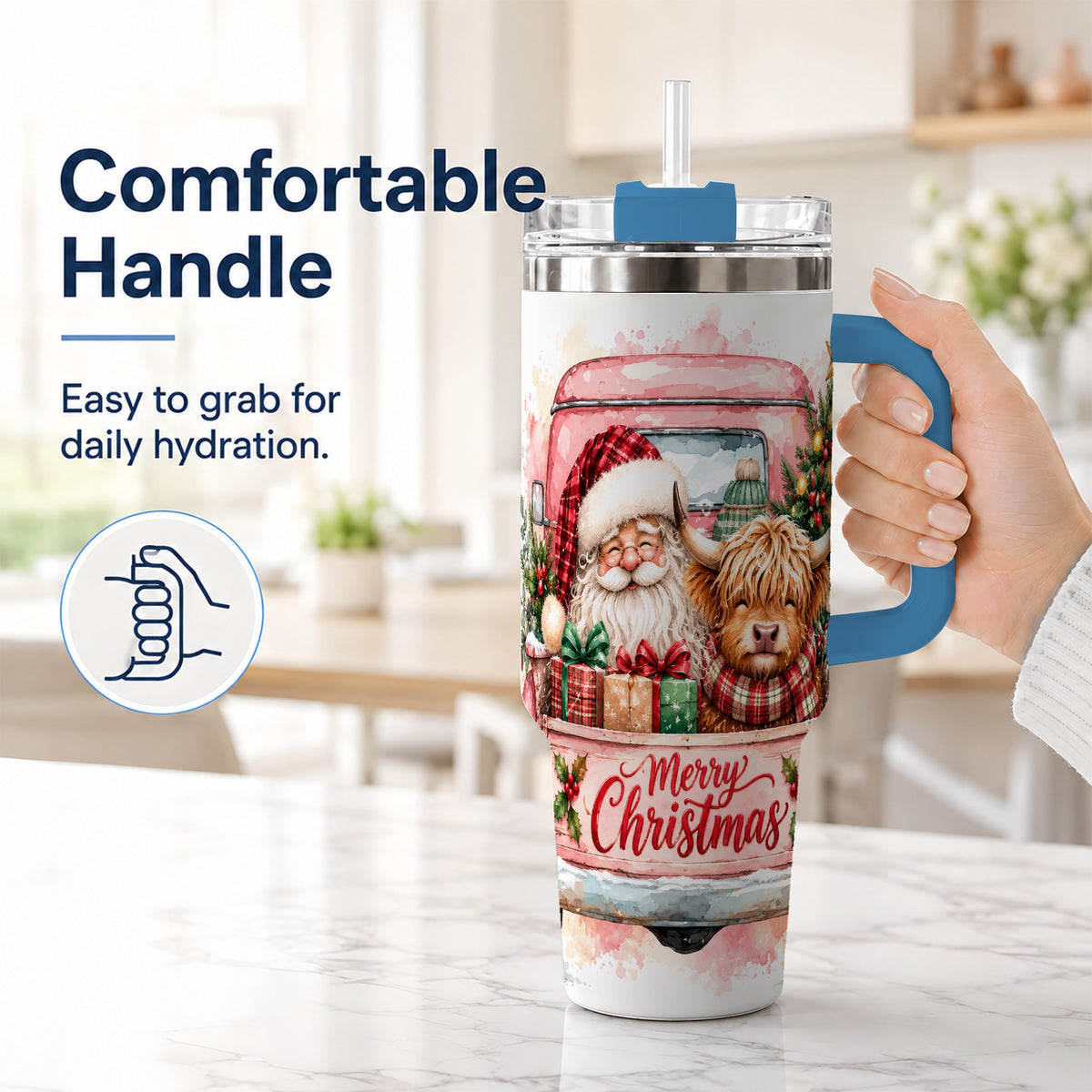 #pl[40oz|Blue] Christmas Cow Truck 40oz Tumbler with Handle, Holiday Travel Cup