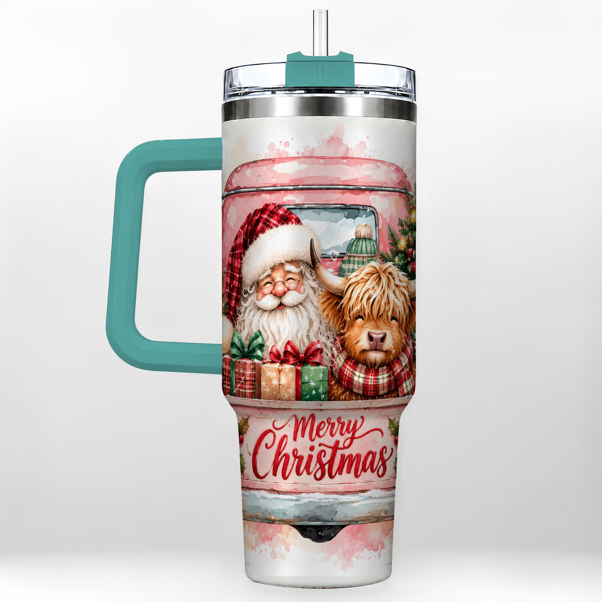 #pl[40oz|Green] Christmas Cow Truck 40oz Tumbler with Handle, Holiday Travel Cup