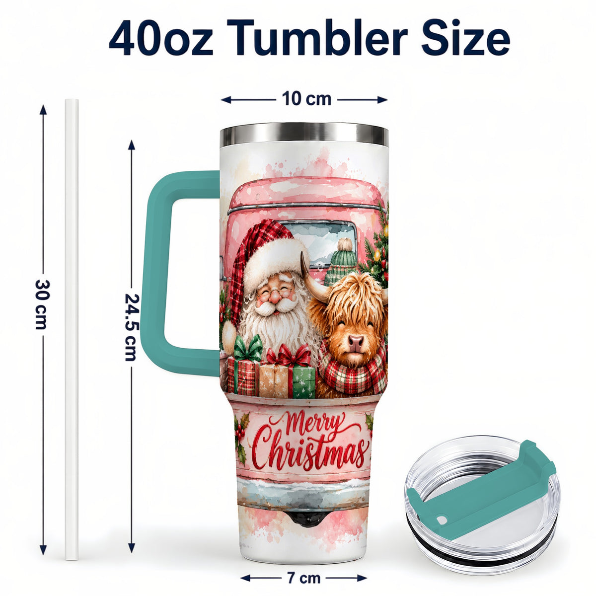 #pl[40oz|Green] Christmas Cow Truck 40oz Tumbler with Handle, Holiday Travel Cup