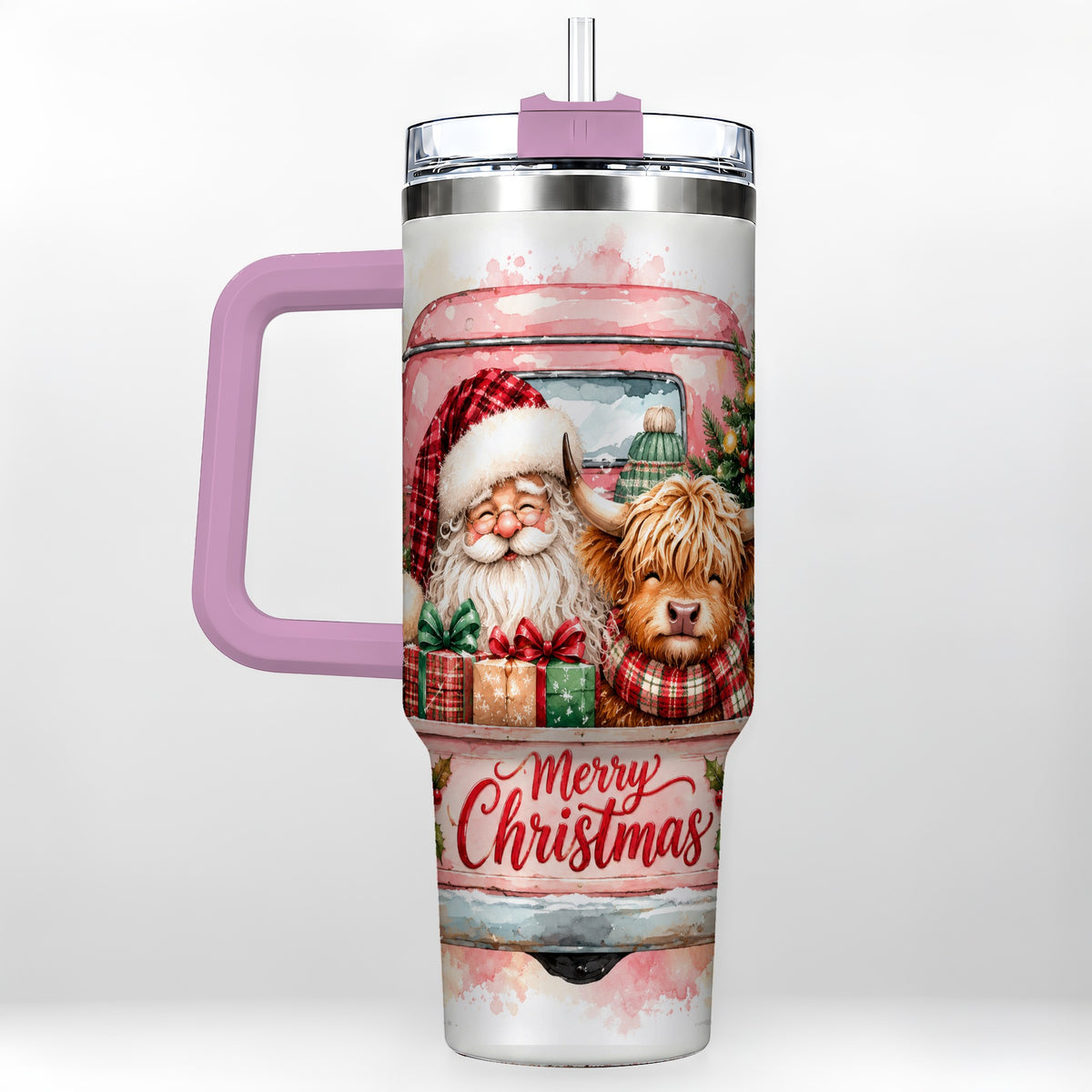 #pl[40oz|Pink] Christmas Cow Truck 40oz Tumbler with Handle, Holiday Travel Cup