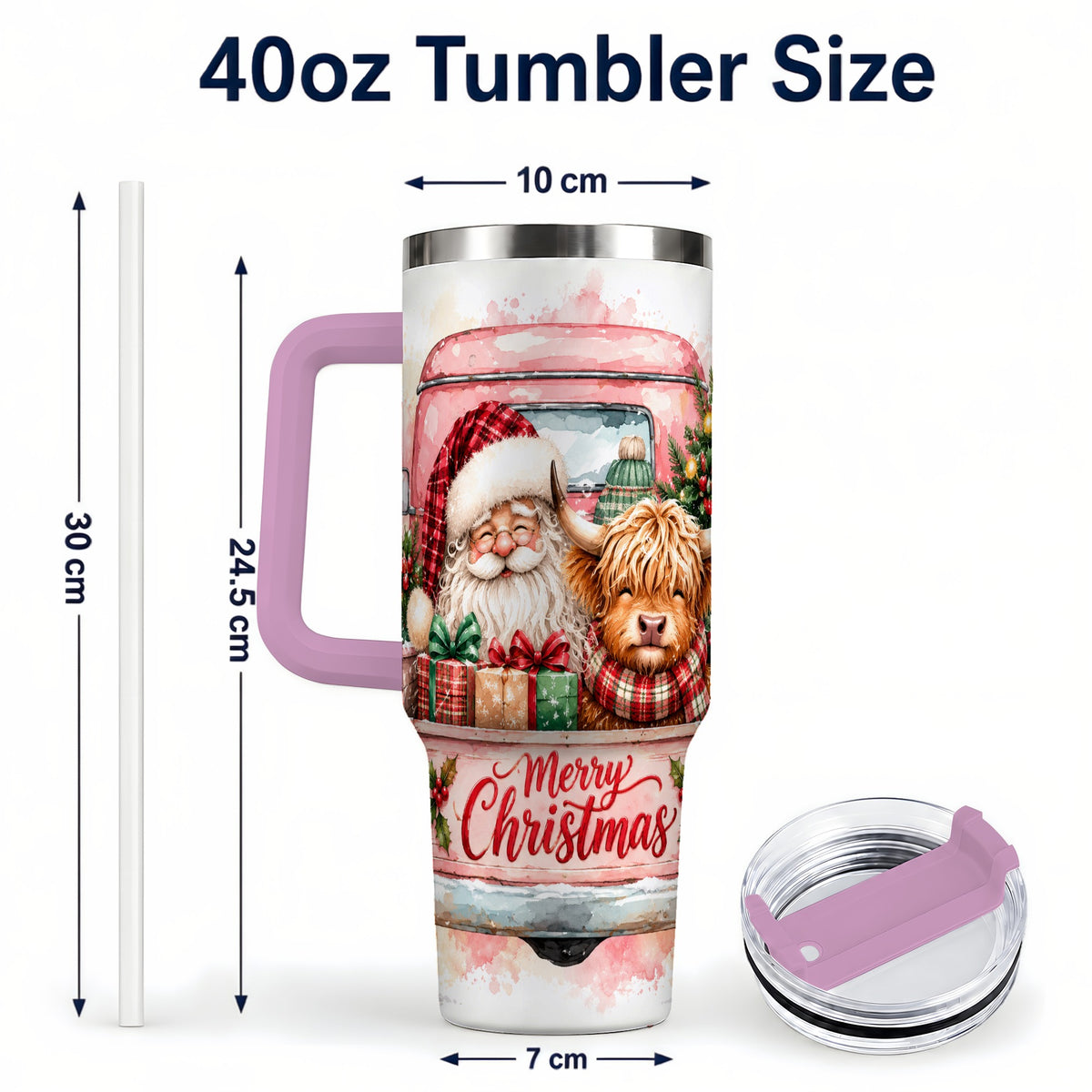 #pl[40oz|Pink] Christmas Cow Truck 40oz Tumbler with Handle, Holiday Travel Cup