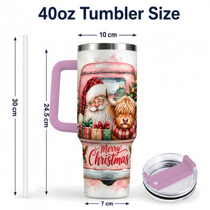 #pl[40oz|Pink] Christmas Cow Truck 40oz Tumbler with Handle, Holiday Travel Cup