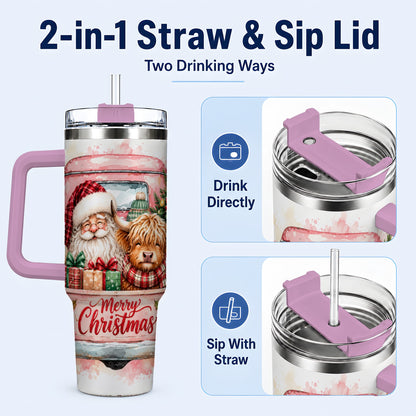 #pl[40oz|Pink] Christmas Cow Truck 40oz Tumbler with Handle, Holiday Travel Cup