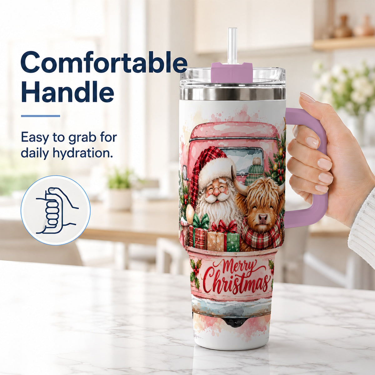 #pl[40oz|Pink] Christmas Cow Truck 40oz Tumbler with Handle, Holiday Travel Cup