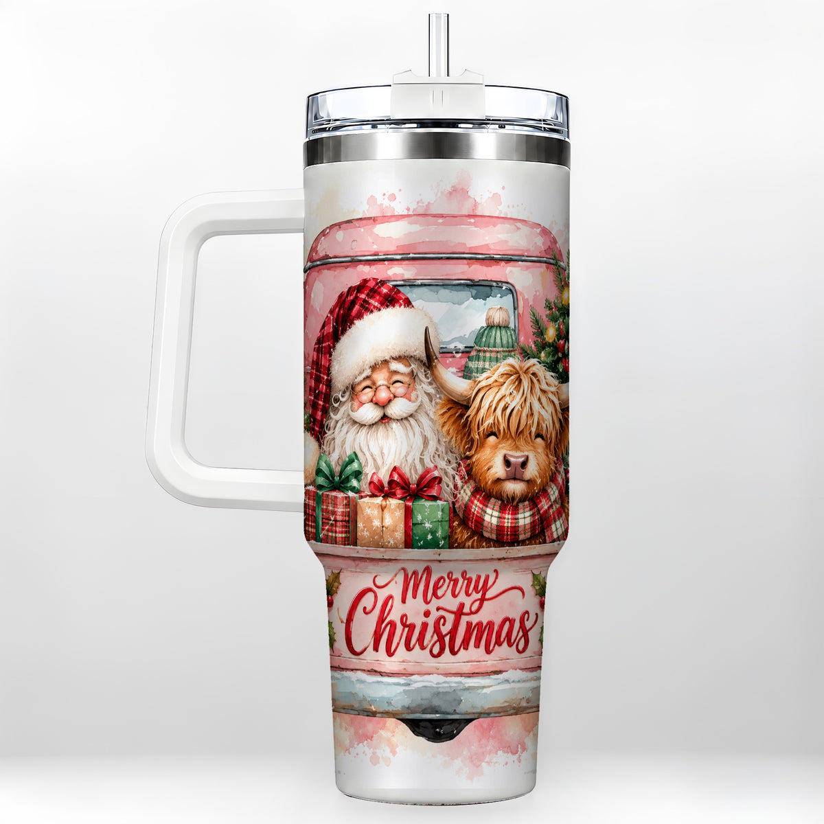 #pl[40oz|White] Christmas Cow Truck 40oz Tumbler with Handle, Holiday Travel Cup