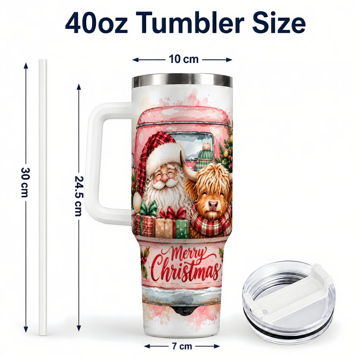 #pl[40oz|White] Christmas Cow Truck 40oz Tumbler with Handle, Holiday Travel Cup
