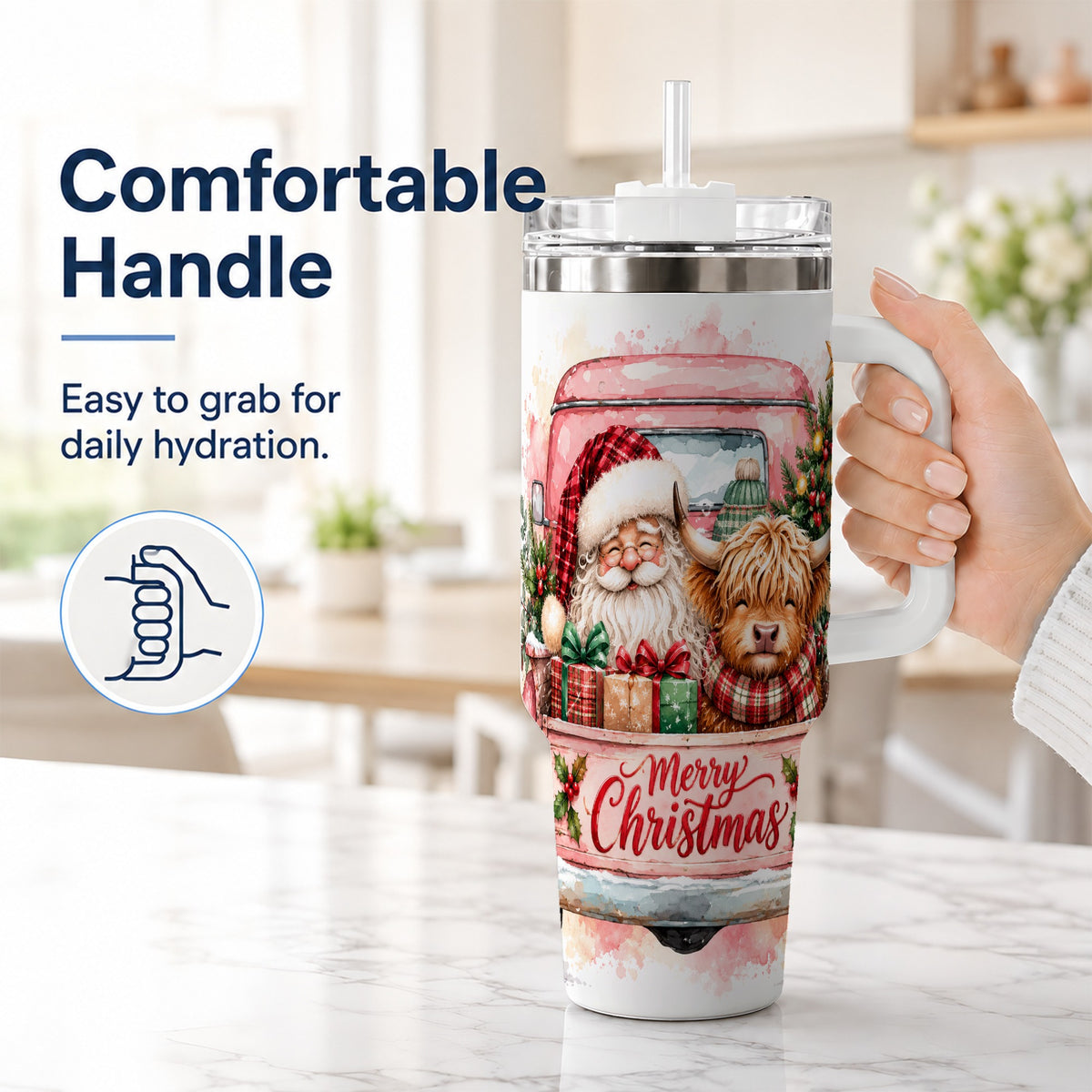 #pl[40oz|White] Christmas Cow Truck 40oz Tumbler with Handle, Holiday Travel Cup