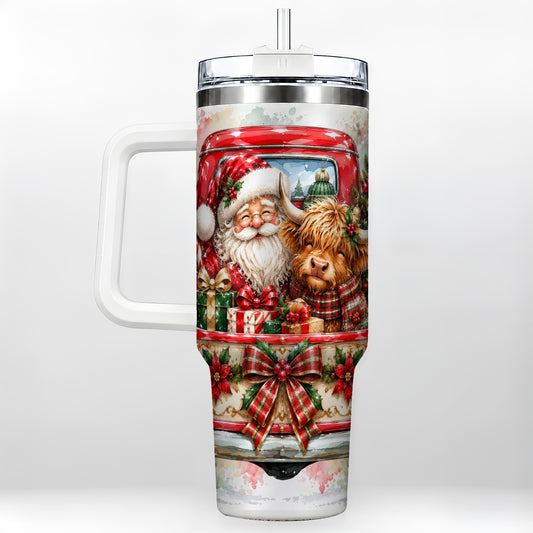 #pl[40oz|White] Santa Highland Cow 40oz Tumbler with Handle, Christmas Travel Cup
