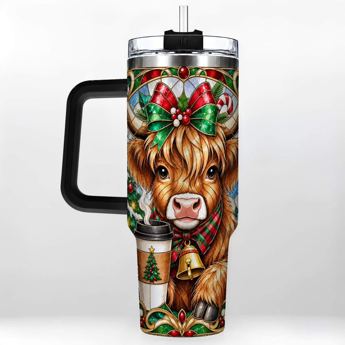 #pl[40oz|Black] Highland Cow 40oz Tumbler with Handle, Stained Glass Style Travel Cup
