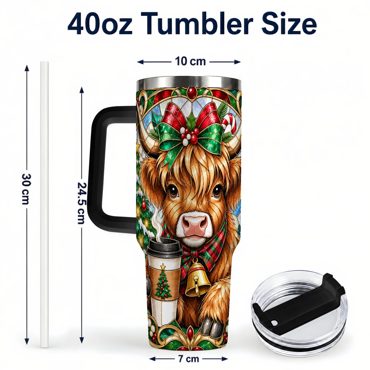 #pl[40oz|Black] Highland Cow 40oz Tumbler with Handle, Stained Glass Style Travel Cup
