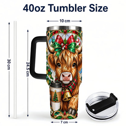 #pl[40oz|Black] Highland Cow 40oz Tumbler with Handle, Stained Glass Style Travel Cup