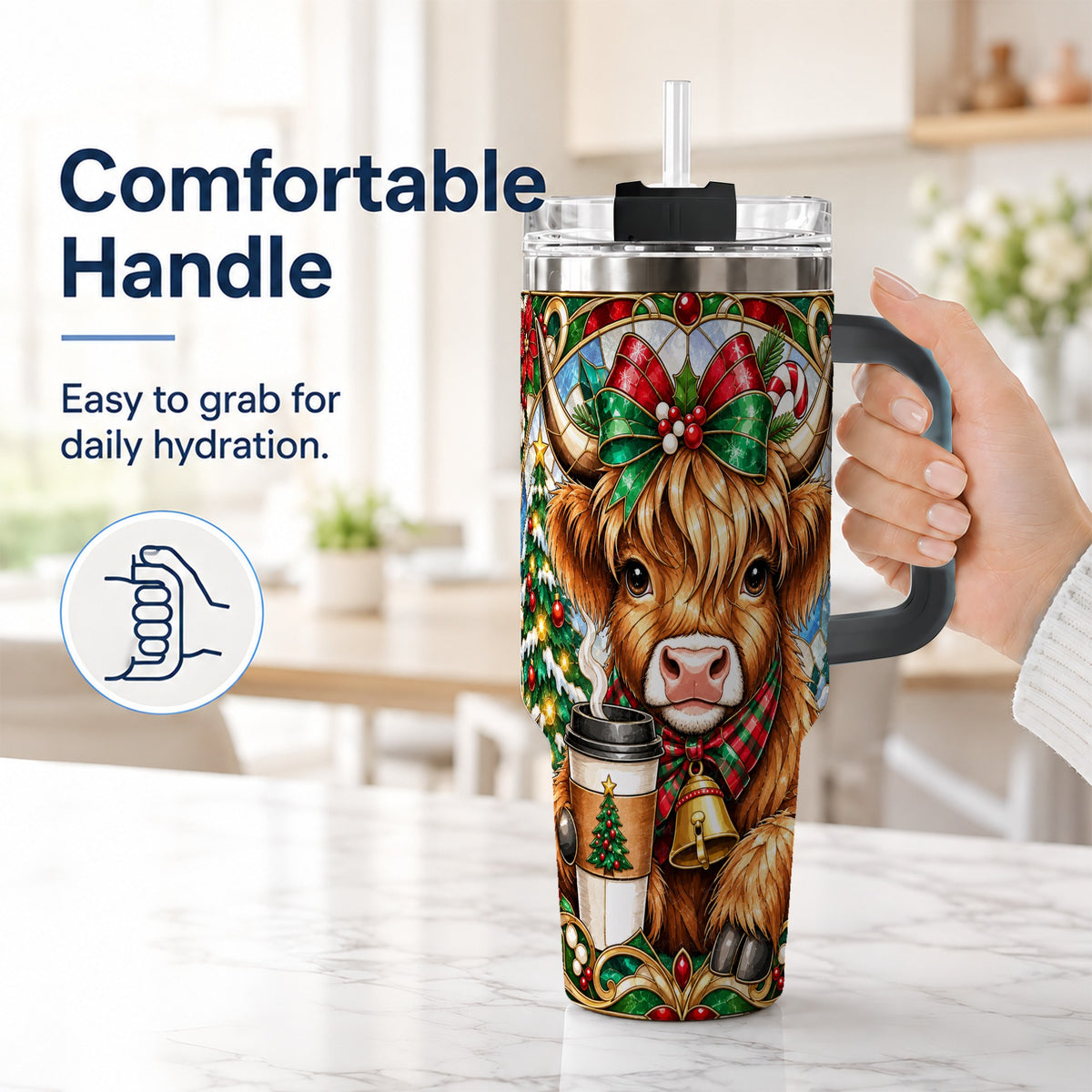 #pl[40oz|Black] Highland Cow 40oz Tumbler with Handle, Stained Glass Style Travel Cup
