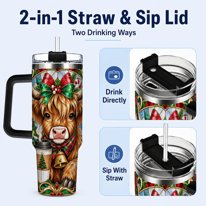 #pl[40oz|Black] Highland Cow 40oz Tumbler with Handle, Stained Glass Style Travel Cup