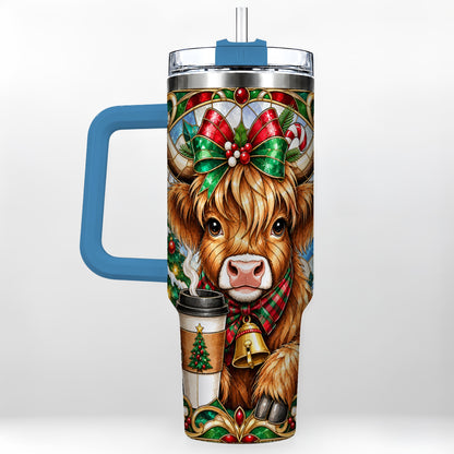 #pl[40oz|Blue] Highland Cow 40oz Tumbler with Handle, Stained Glass Style Travel Cup